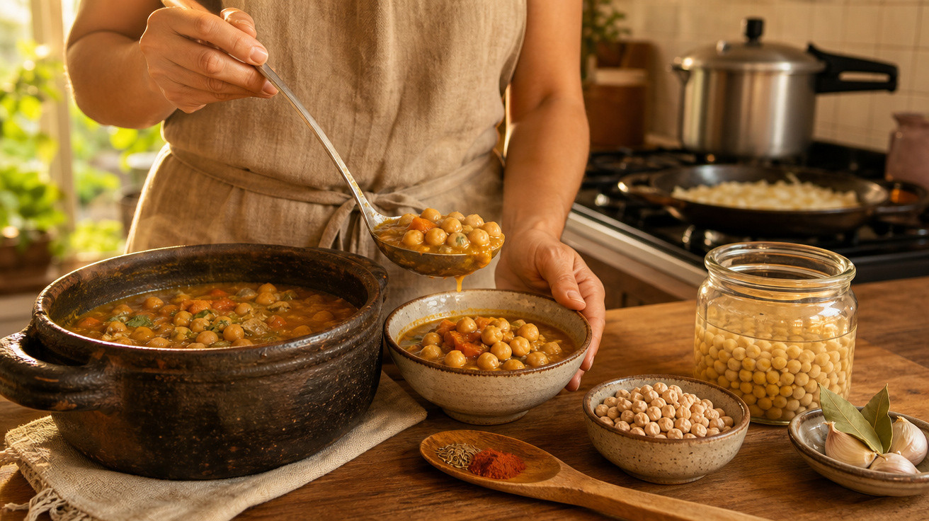 Pessoa a servir sopa de grão-de-bico numa tigela, com ingredientes e especiarias numa mesa de madeira.