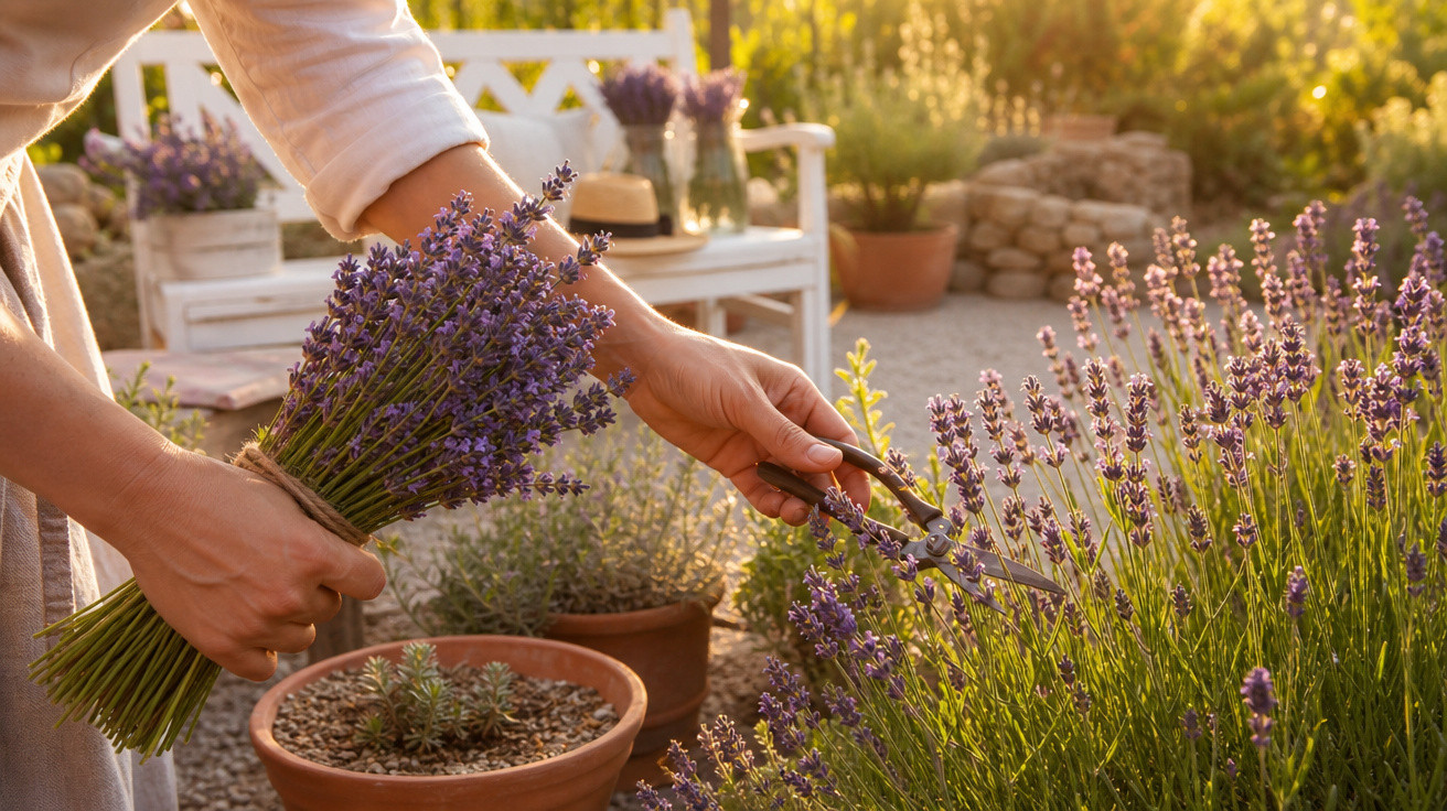 Pessoa a cortar flores de lavanda num jardim soalheiro com vasos e banco ao fundo.