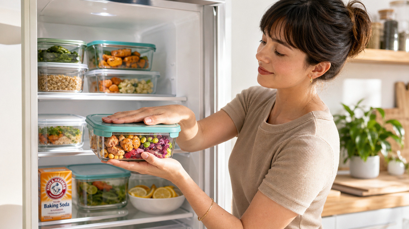 Mulher a guardar recipiente com salada colorida no frigorífico organizado com recipientes de vidro.