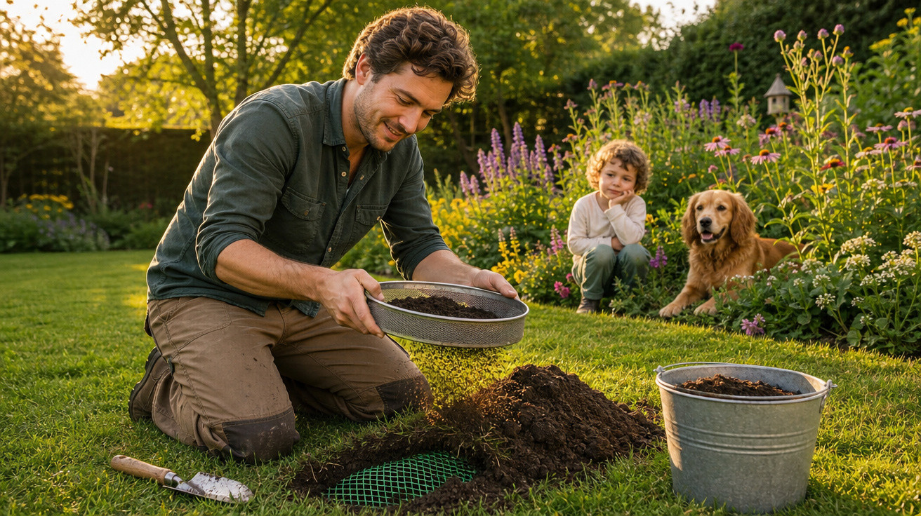 Homem peneira terra num jardim com criança e cão dourado ao fundo junto a flores, numa tarde ensolarada.