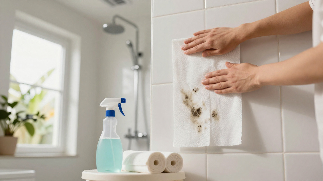 Mãos seguram papel a limpar manchas de bolor em azulejos brancos de uma casa de banho clara.