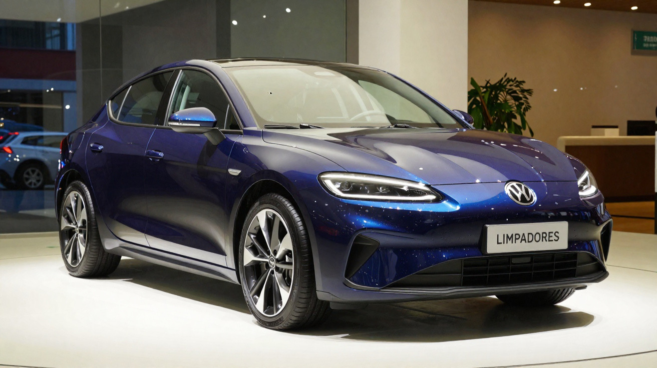 Carro elétrico azul escuro Volkswagen em exposição numa sala com luz branca.