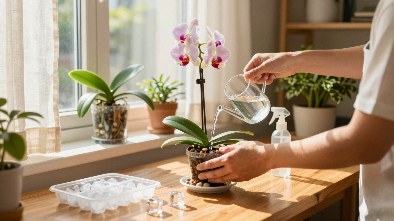 Pessoa a regar uma orquídea rosa num vaso transparente junto a janela com luz natural.