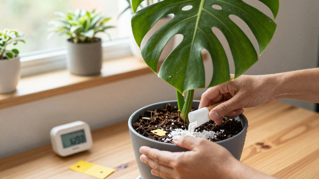 Mãos a aplicar fertilizante branco no vaso com planta Monstera numa mesa de madeira junto à janela.