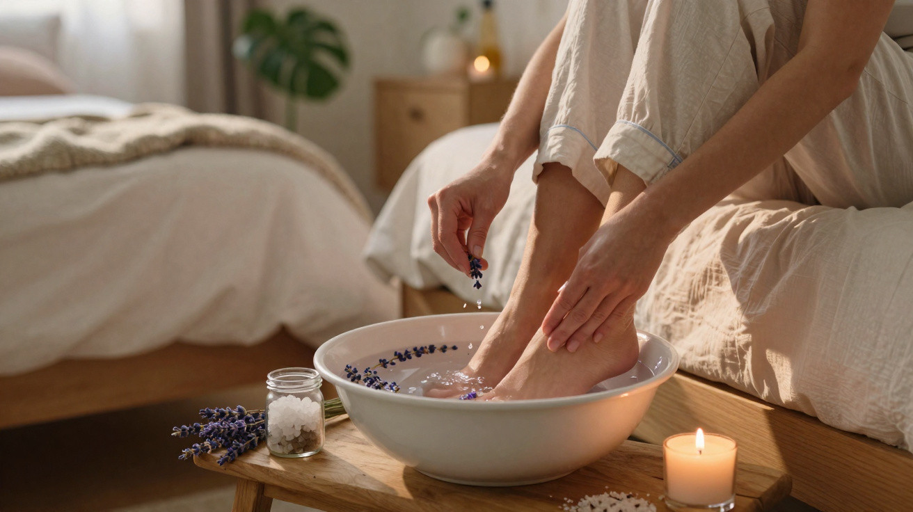 Pessoa a fazer um banho de pés com flores e sal relaxante num quarto acolhedor com vela acesa.