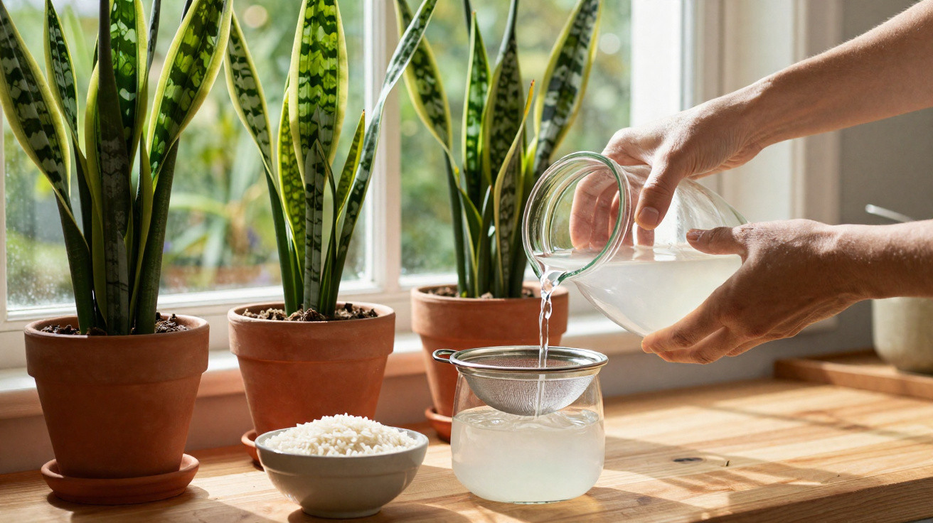 Mãos a coar água de arroz em jarro junto a vasos de planta numa janela ensolarada.