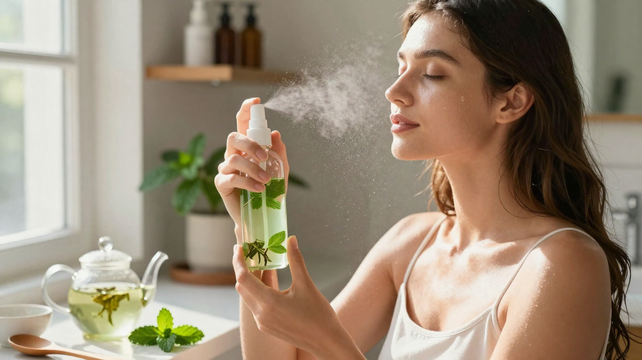 Mulher jovem aplica spray facial hidratante com folhas dentro da garrafa numa cozinha iluminada.