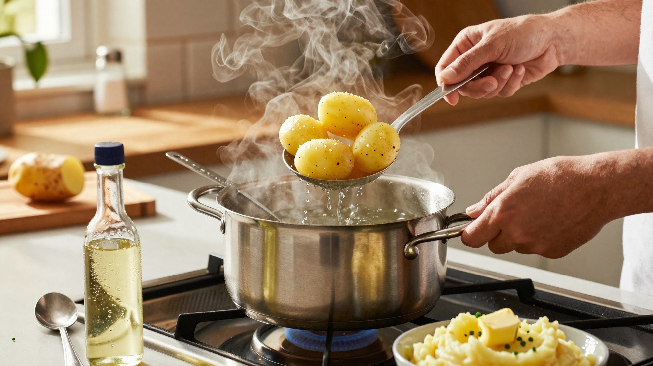 Mãos a escorrer batatas cozidas com concha de panela sobre fogão a gás em cozinha com vapor no ar.