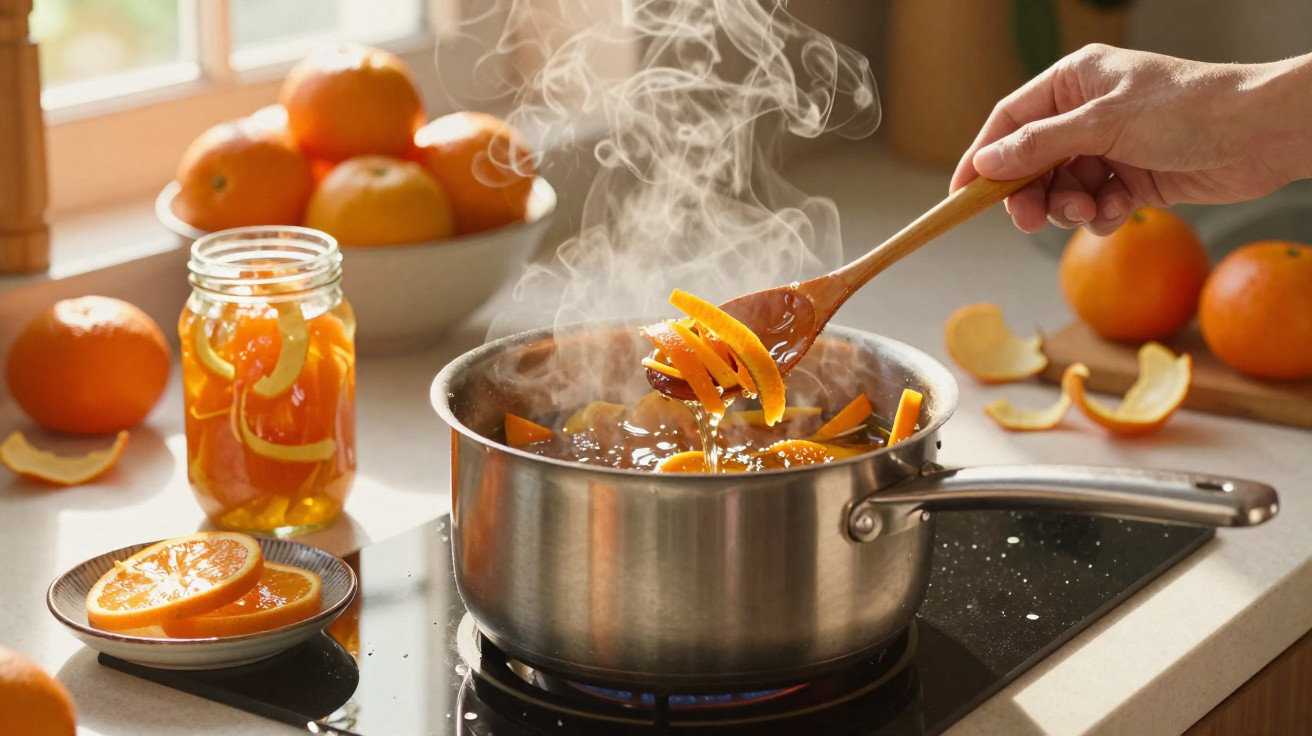 Pote de inox a ferver com cascas de laranja e um pau de pau a mexer o conteúdo na cozinha.