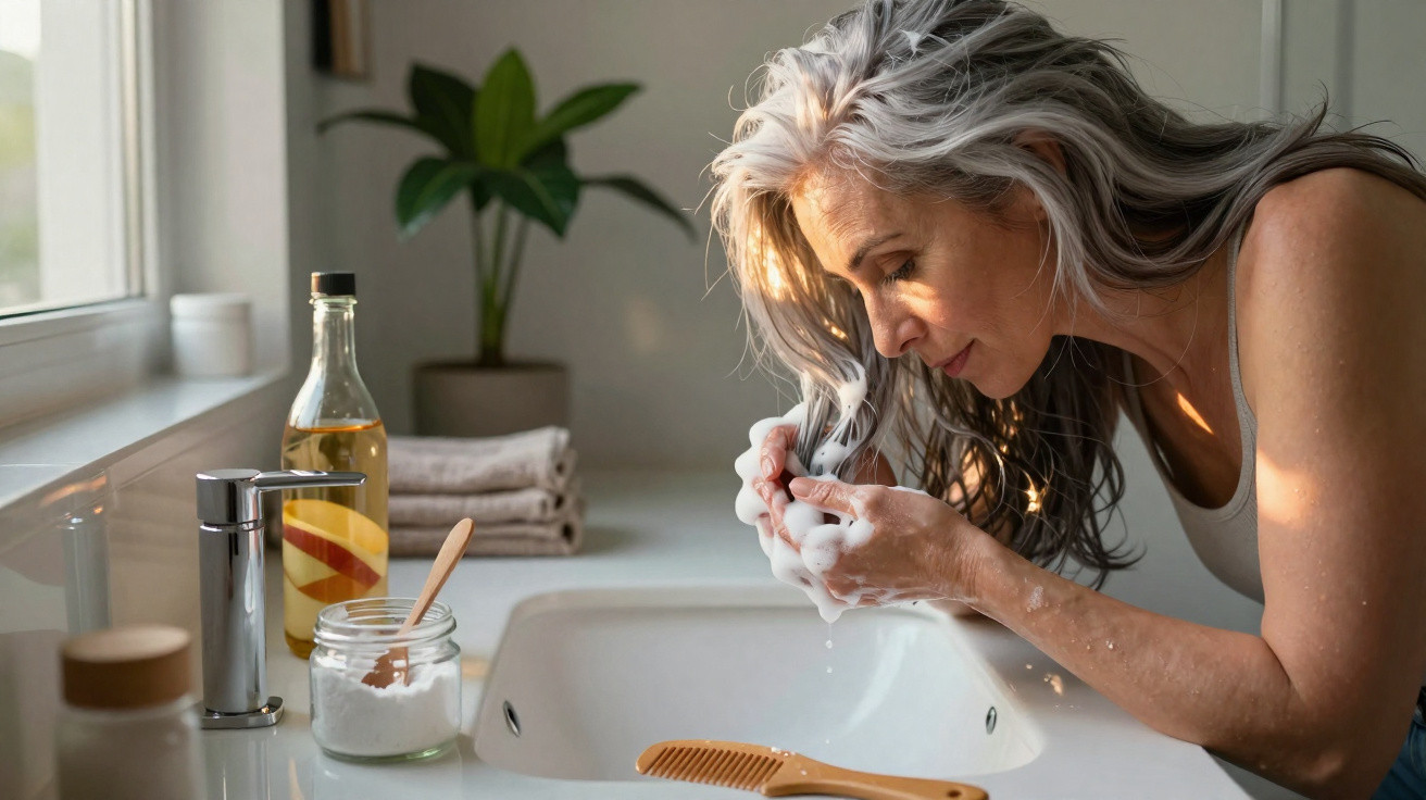 Mulher adulta com cabelo cinzento lava o rosto numa casa de banho com luz natural.