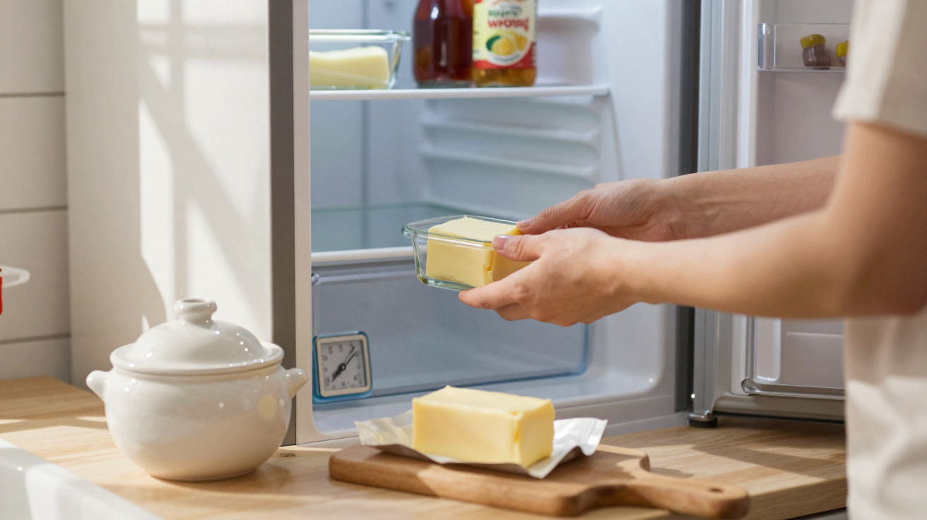 Pessoa a colocar manteiga num recipiente dentro do frigorífico numa cozinha iluminada.