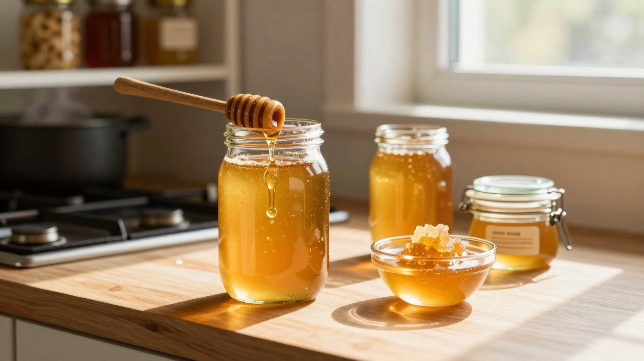 Frascos e taça com mel dourado sobre bancada de madeira iluminada pela luz natural.