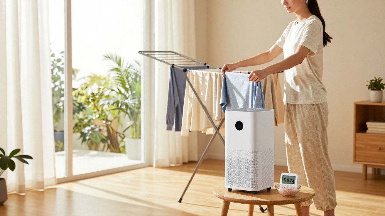Mulher a estender roupa num varal interior com máquina branca e ambiente iluminado por luz natural.