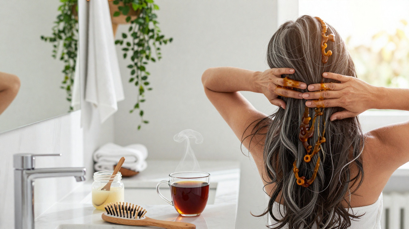 Mulher com cabelos grisalhos aplica tratamento capilar castanho no cabelo, sentada frente a uma pia com chá quente.