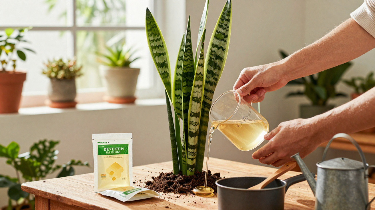Pessoa a regar planta suculenta numa mesa de madeira com produtos e regador ao lado, luz natural.