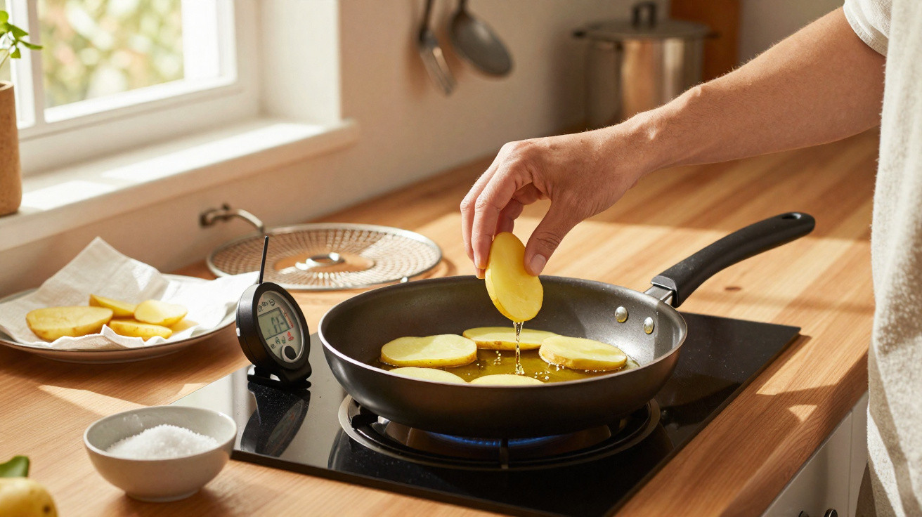 Pessoa a fritar fatias de batata numa frigideira numa cozinha bem iluminada.