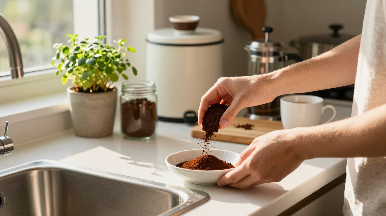 Mãos a mexer café moído numa tigela branca numa bancada de cozinha junto a uma planta e jarro.