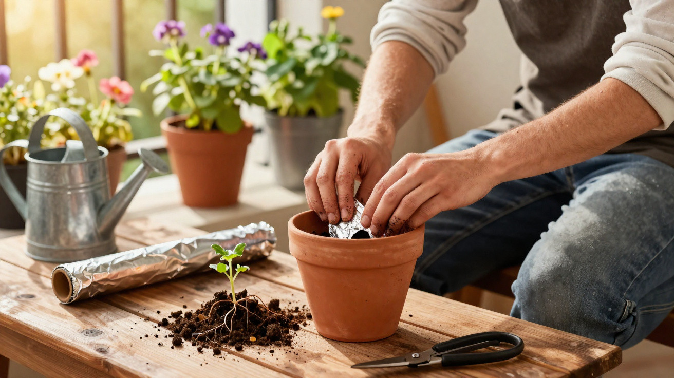 Pessoa a preparar vaso de barro para plantas, com terra, muda e regador num ambiente iluminado.