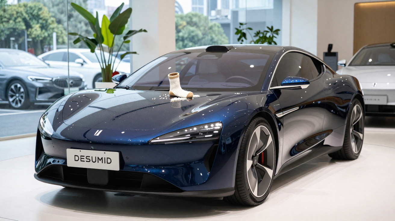 Carro desportivo azul escuro em exposição numa sala com meias claras no capô e plantas ao fundo.