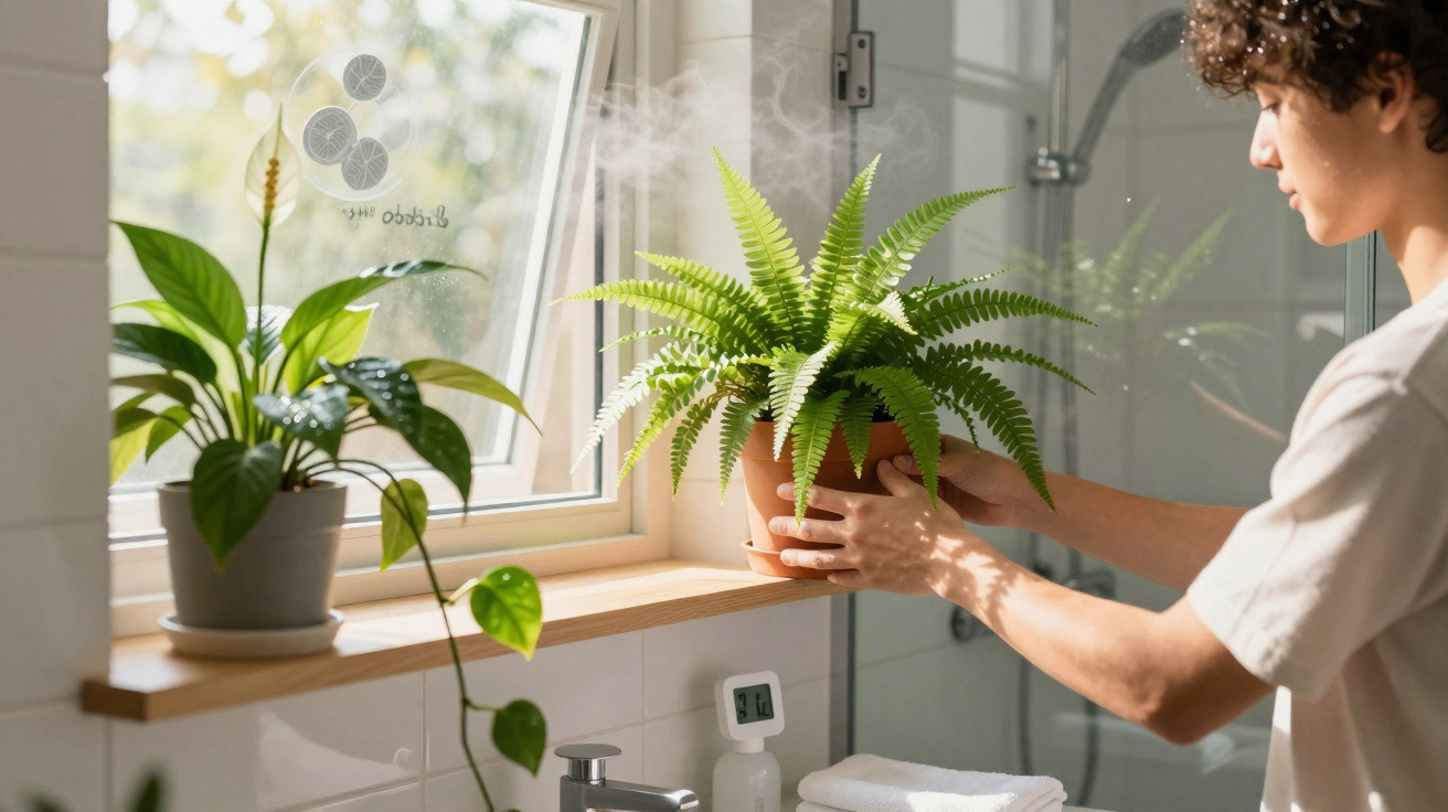 Pessoa a colocar planta verde num vaso junto à janela de casa de banho iluminada a luz natural.