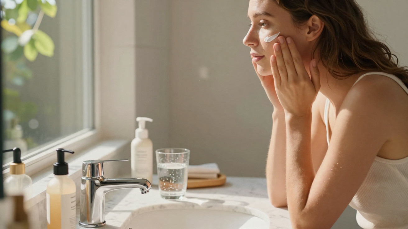 Mulher a aplicar creme facial junto a uma pia de casa de banho com luz natural.