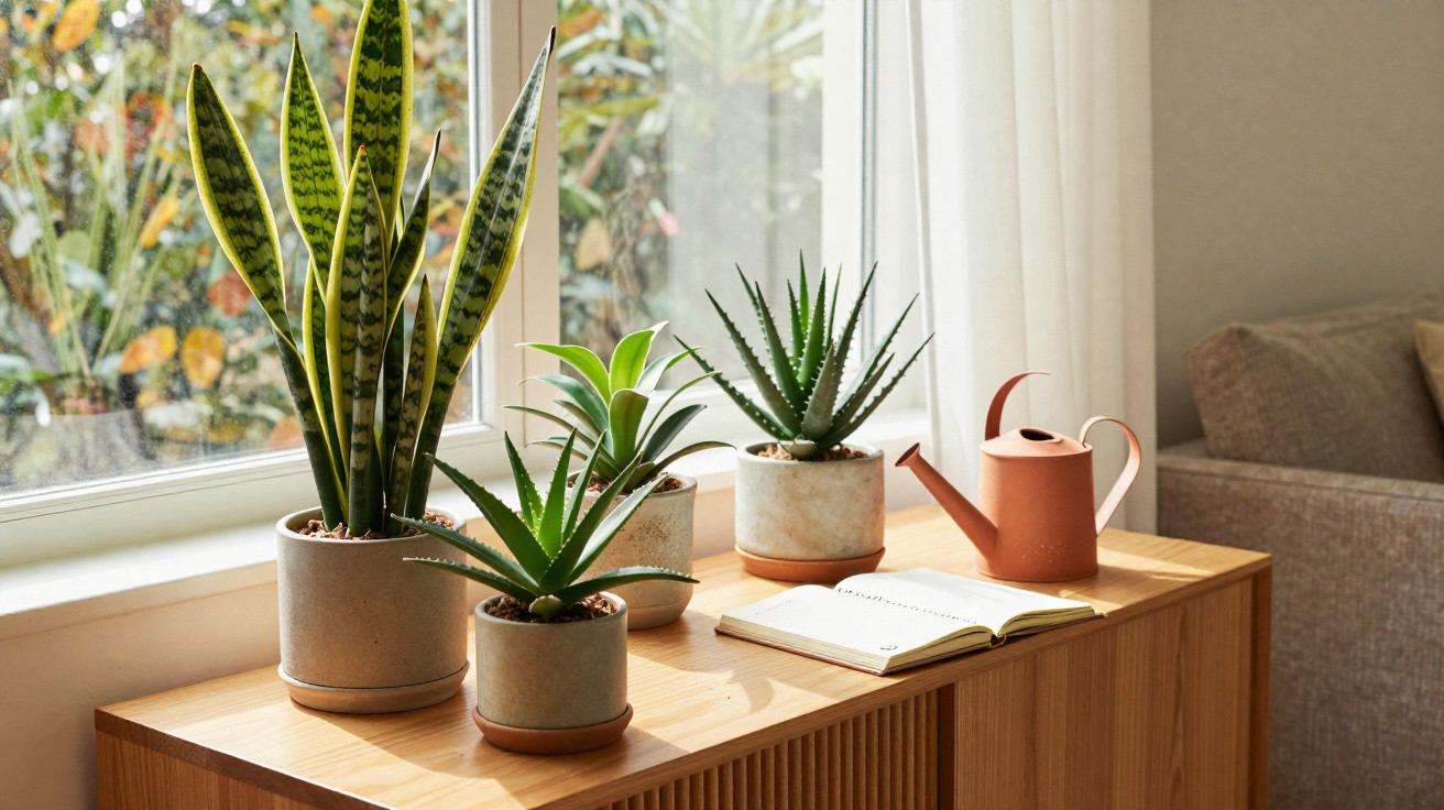 Quatro plantas em vasos cinzentos sobre móvel de madeira junto a janela com regador e livro aberto.
