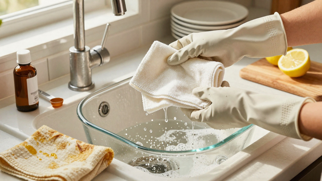 Mãos com luvas a torcer um pano branco sobre pia de cozinha com água e utensílios ao fundo.