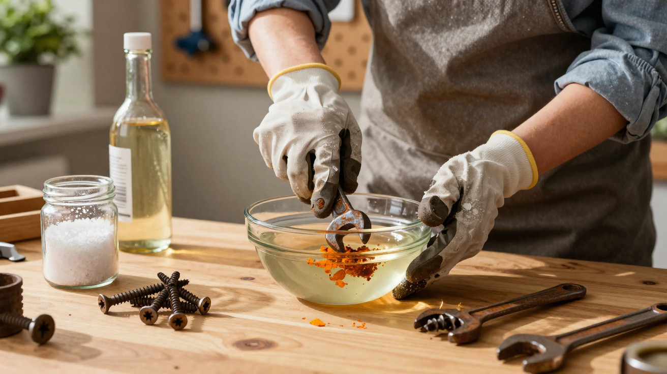 Pessoa com luvas mistura corante laranja em água numa tigela, usando uma ferramenta num ambiente de trabalho.