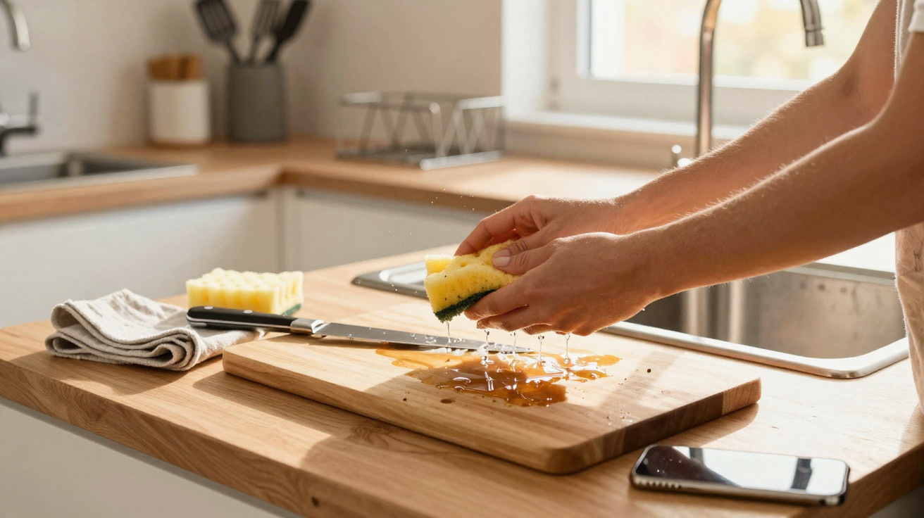 Mãos a espremer uma esponja sobre uma tábua de corte com um pano e uma faca na bancada da cozinha.