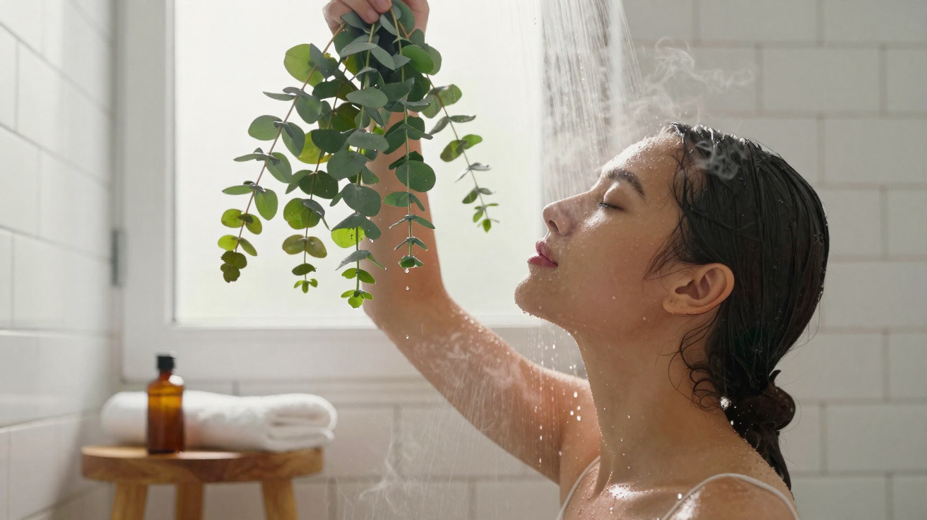 Mulher de olhos fechados desfrutando de banho quente com ramo de folhas verdes numa casa de banho iluminada.