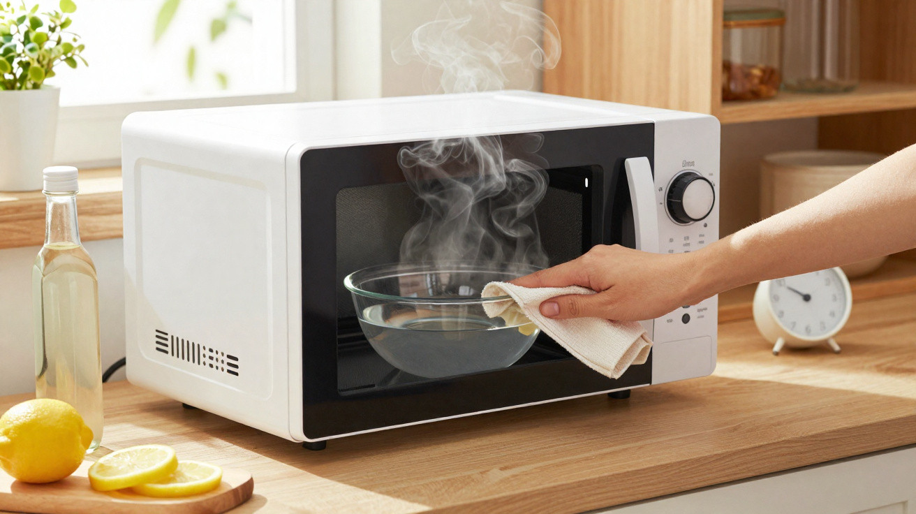 Mão a retirar tigela com vapor de forno micro-ondas branco numa cozinha com limões e garrafa na bancada.