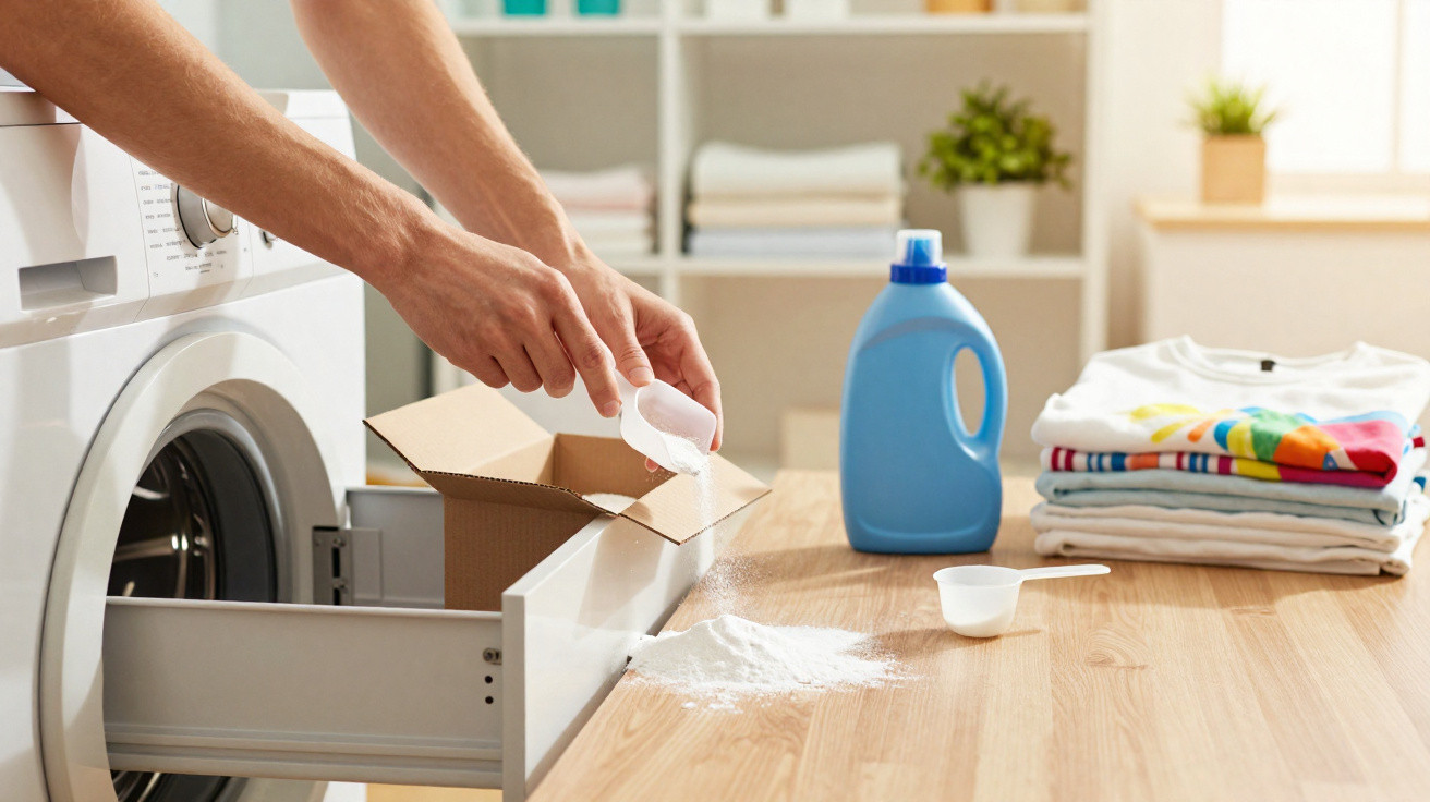 Pessoa a colocar detergente em pó na gaveta de máquina de lavar roupa, com detergente líquido e roupa dobrada ao lado.