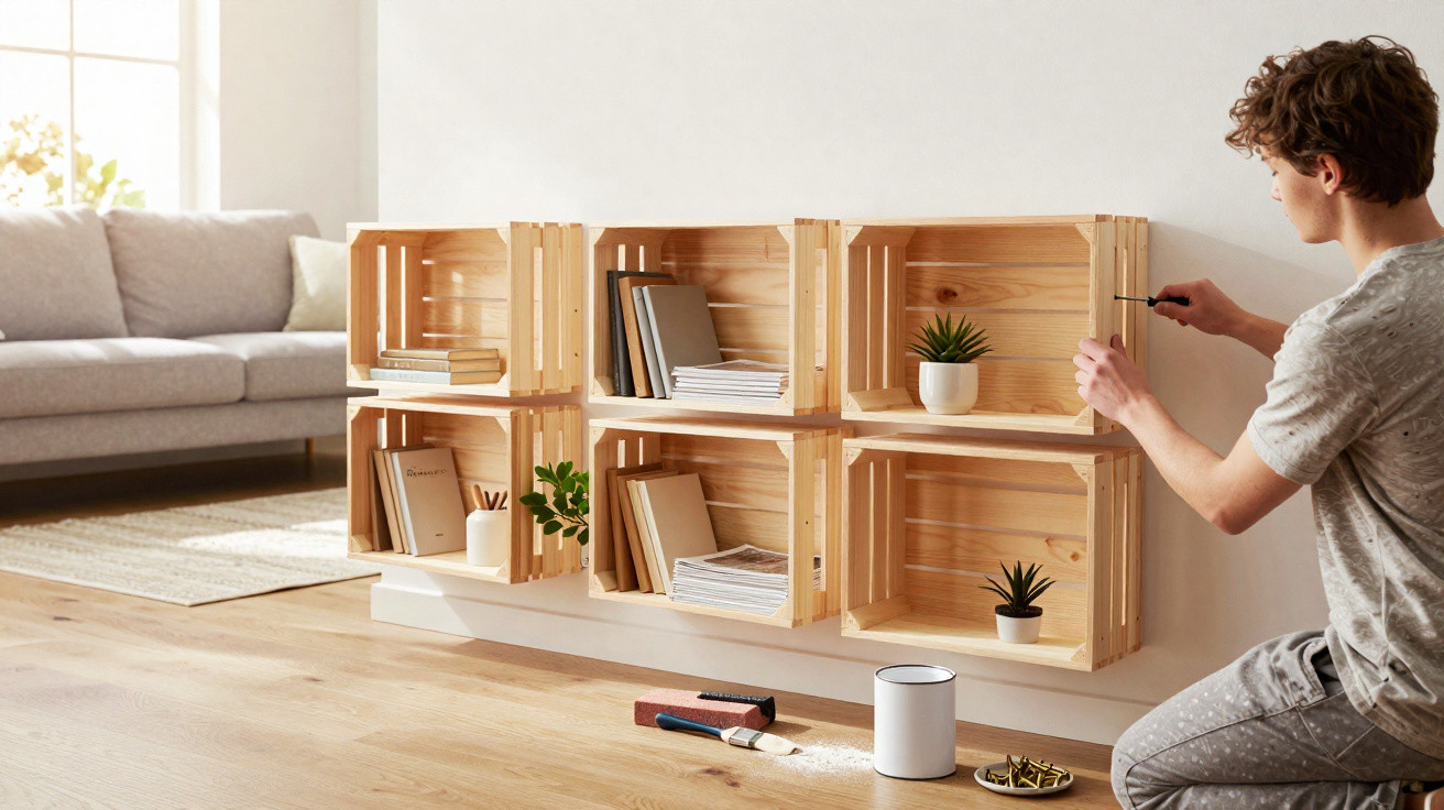 Homem a montar prateleira de madeira com livros e plantas numa sala luminosa com sofá cinzento.