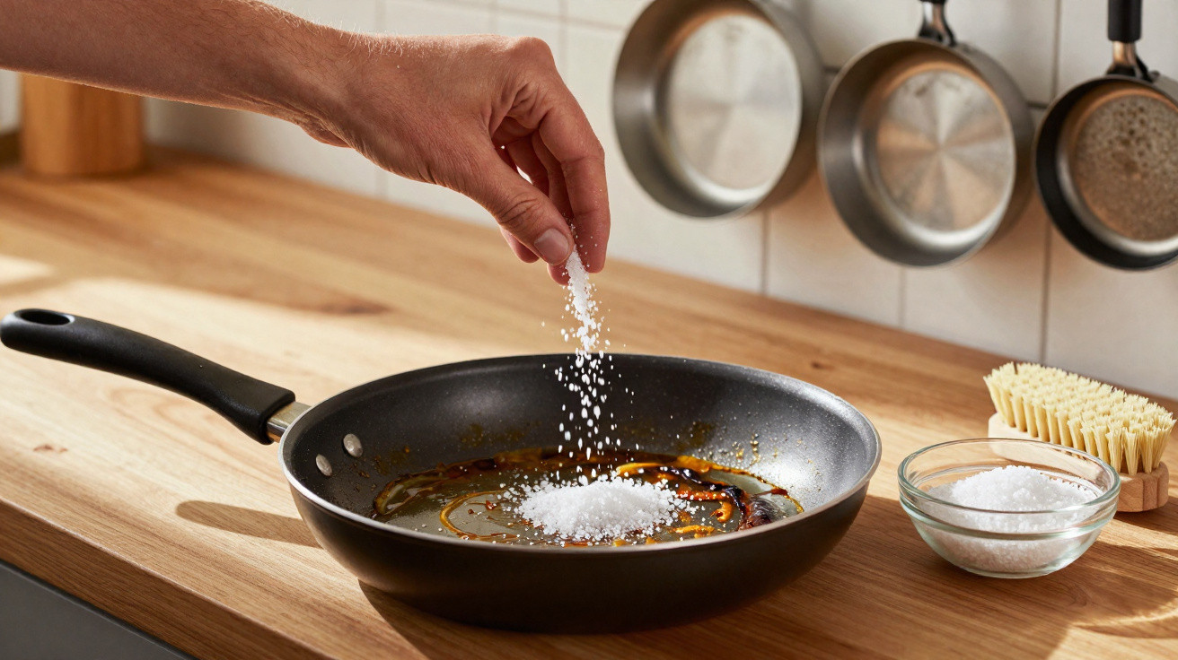 Mão a salpicar sal grosso numa frigideira com azeite numa cozinha moderna.