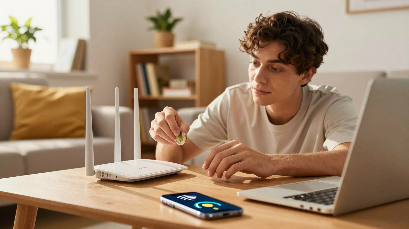 Jovem a tentar colocar uma moeda num router Wi-Fi sobre a mesa com computador portátil e smartphone à frente.