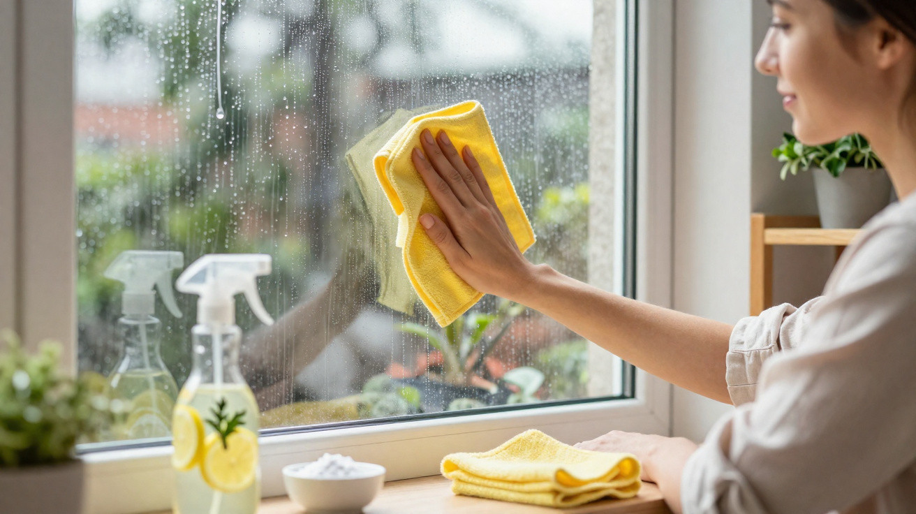 Pessoa a limpar vidraça com pano amarelo junto a produtos de limpeza numa janela.