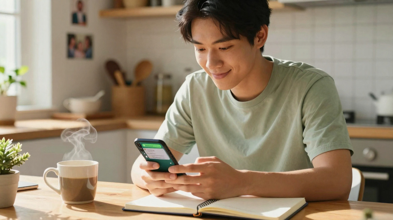 Jovem sentado à mesa, sorrindo enquanto usa o telemóvel, com caderno aberto e chá quente na cozinha.