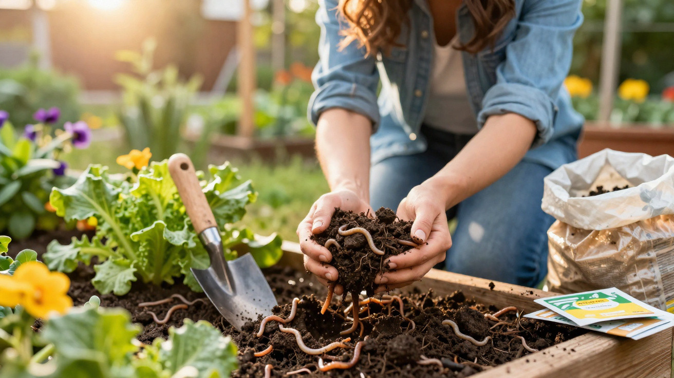 Mulher a segurar terra com minhocas num canteiro de jardim ao ar livre, junto a uma enxada e plantas.