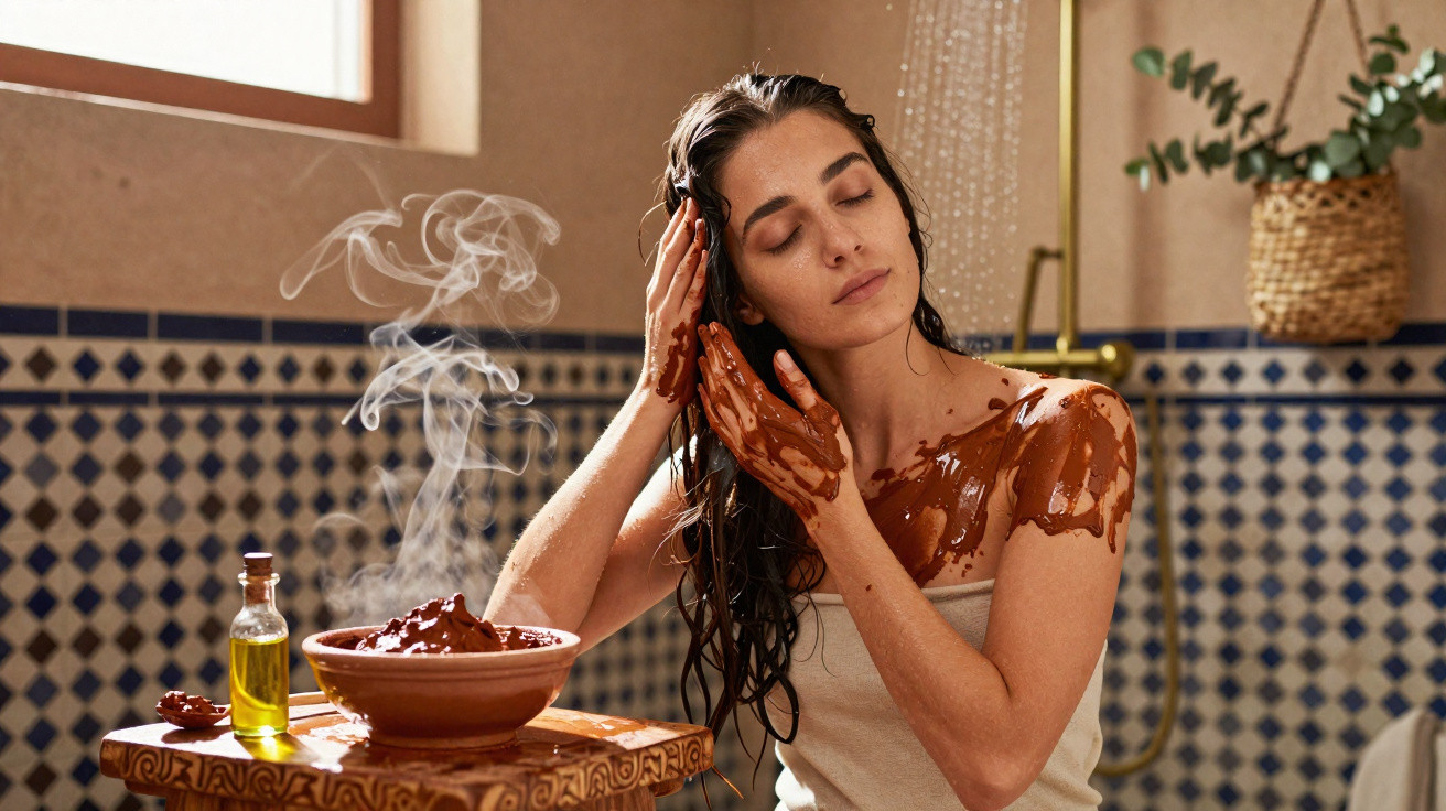 Mulher aplica máscara de argila no corpo num ambiente de banho com azulejos tradicionais e óleos aromáticos.