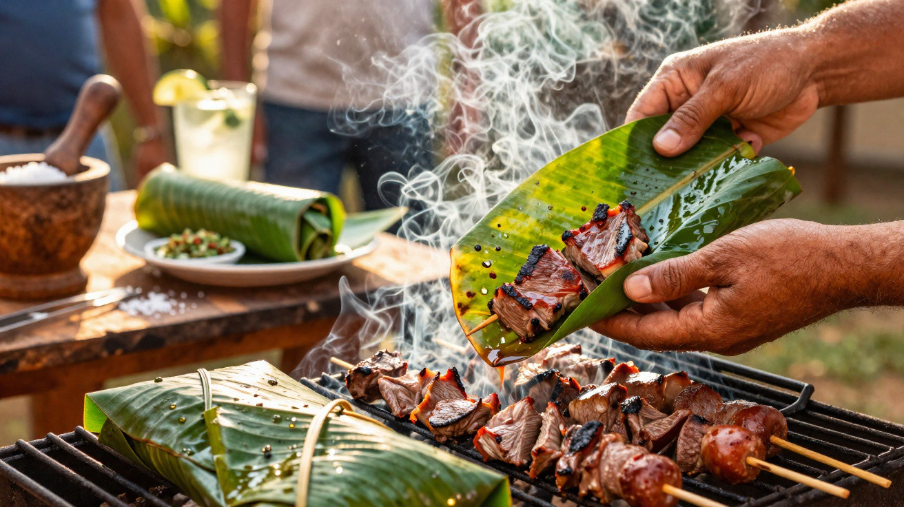 Mãos a envolver carne grelhada em folhas de bananeira junto a espetos de carne numa churrasqueira fumegante.
