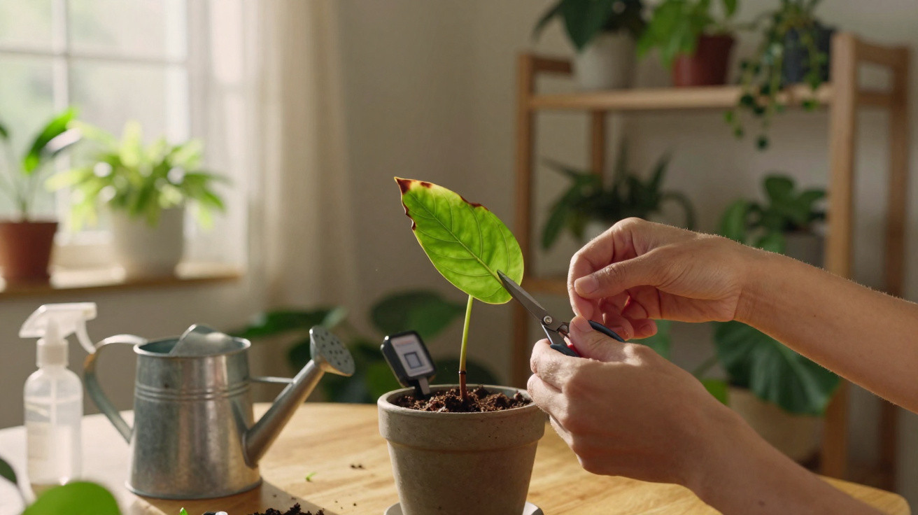 Pessoa a podar folha seca de planta num vaso dentro de casa, com regador e pulverizador ao lado.