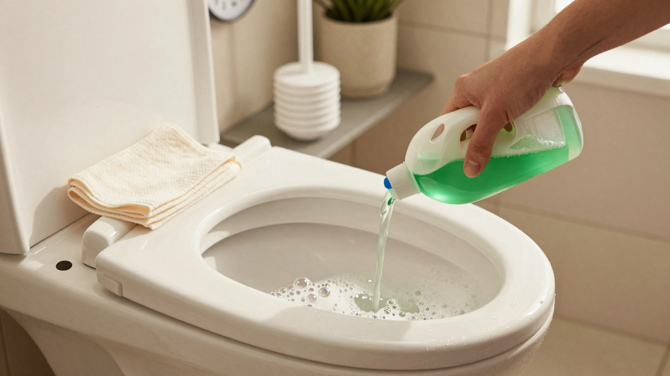 Mão a despejar detergente líquido verde na sanita branca numa casa de banho moderna.