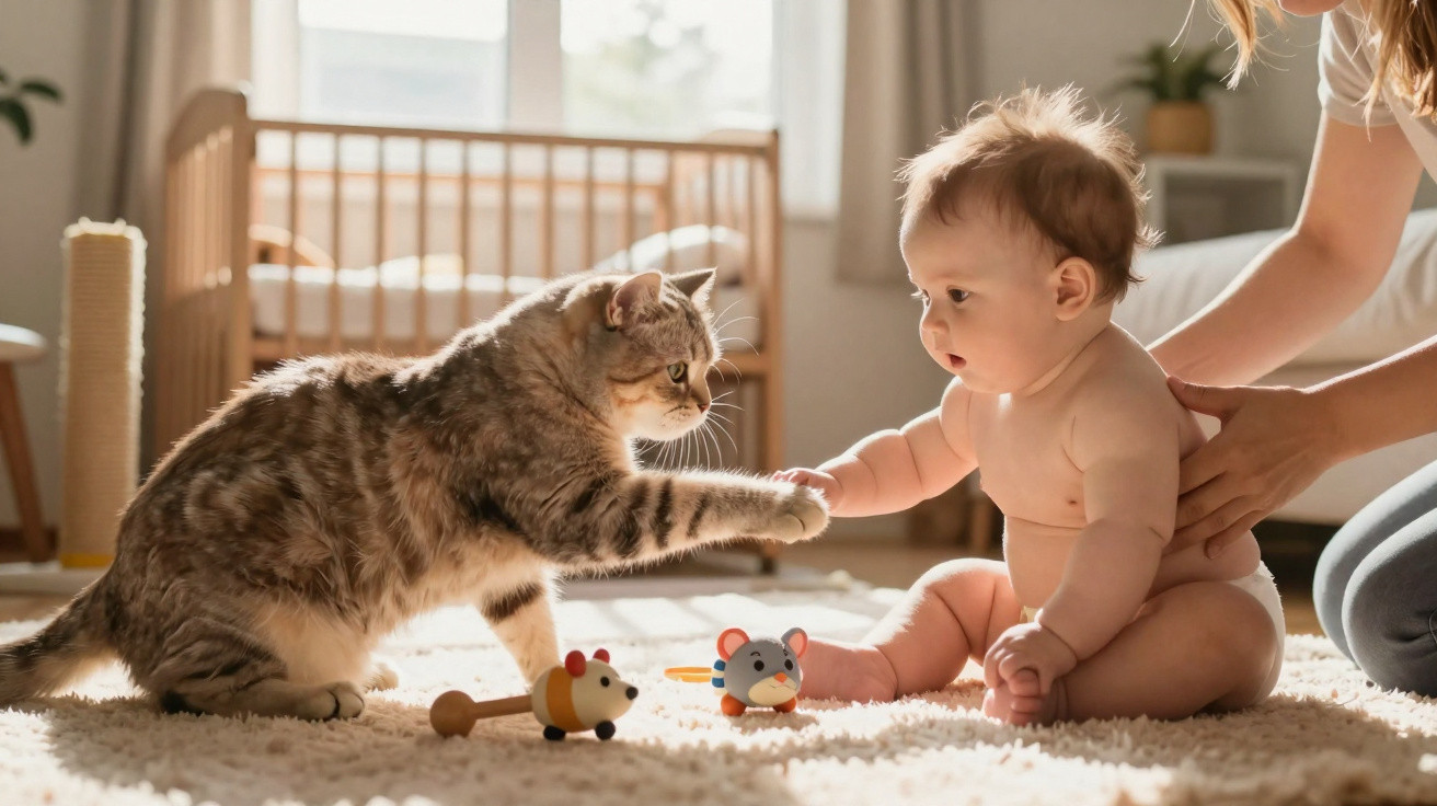 Bebé sentado no chão a tocar a pata de um gato numa divisão iluminada com brinquedos no tapete.