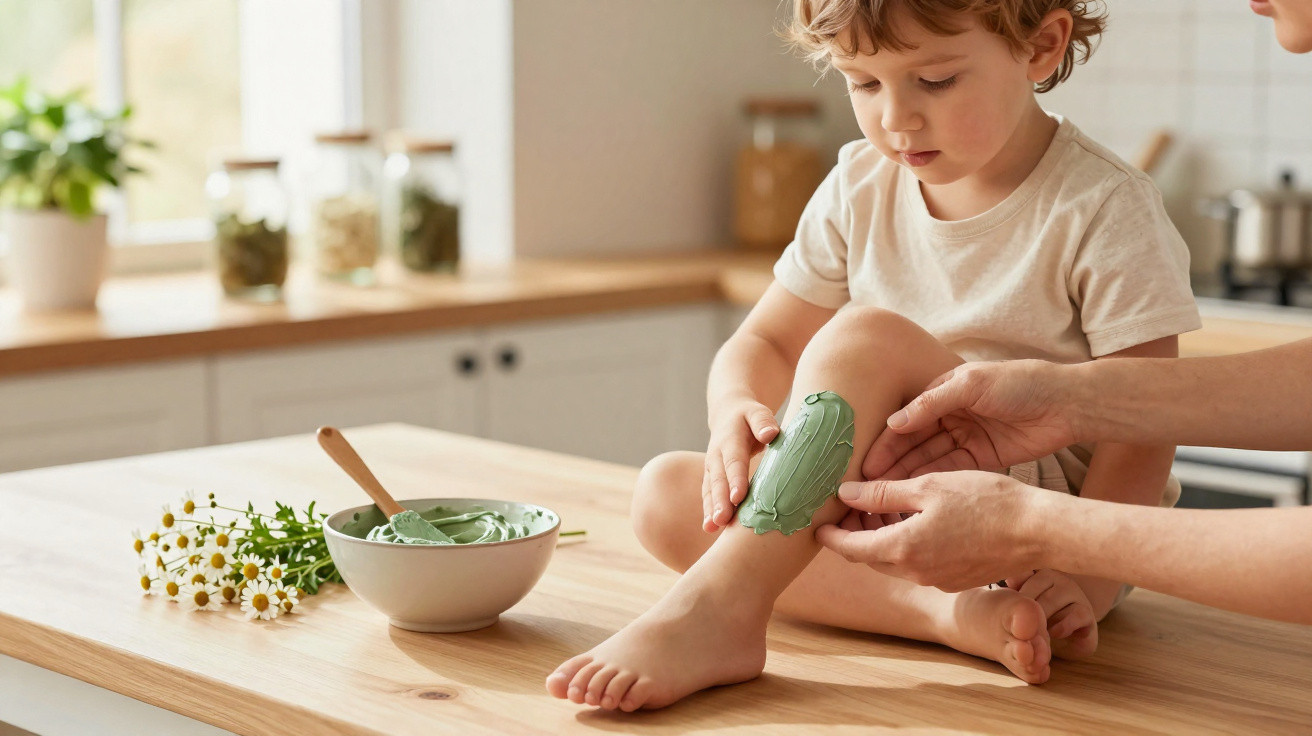 Criança sentada com creme verde a ser aplicado na perna por um adulto numa cozinha iluminada.
