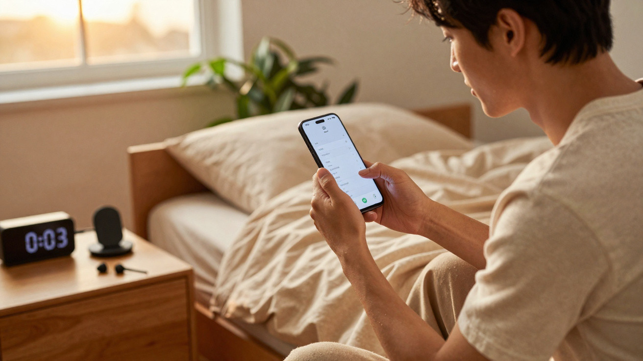 Homem sentado na cama a controlar o alarme no smartphone numa manhã com luz natural.