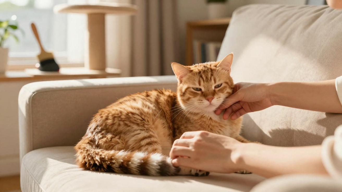 Gato laranja sentado num sofá enquanto é acariciado por duas mãos num ambiente iluminado e acolhedor.