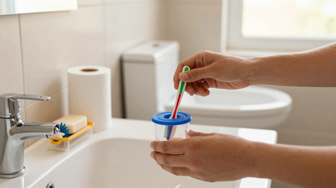 Pessoa a colocar uma escova de dentes numa caixa plástica com tampa azul numa casa-de-banho.