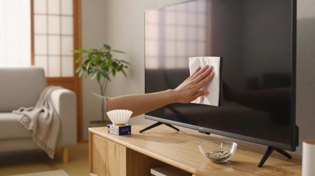 Pessoa a limpar ecrã de televisão com pano num ambiente doméstico moderno.