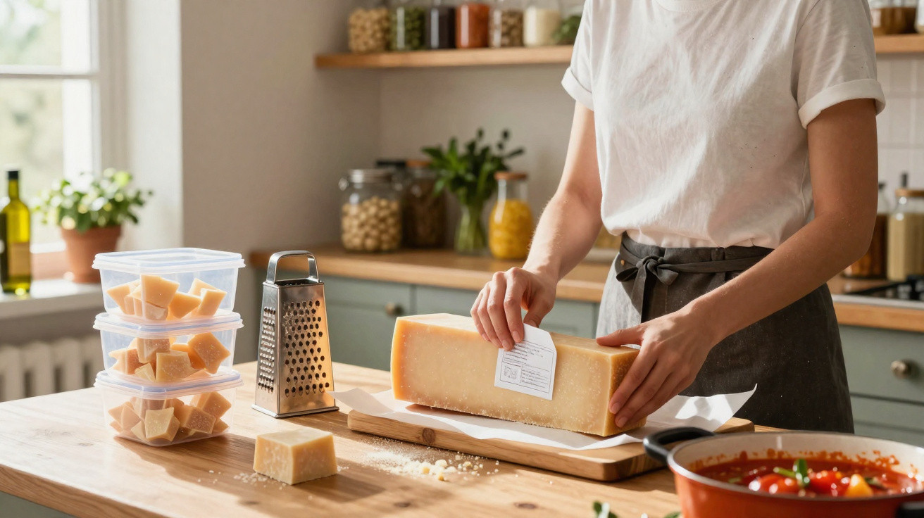 Pessoa a cortar queijo duro numa cozinha moderna com ralador e cestos com cubos de queijo.
