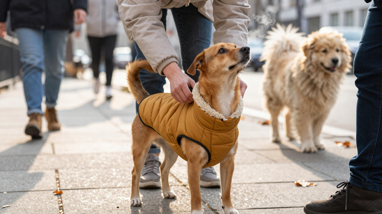 Cão vestido com casaco acolchoado amarelo em passeio urbano, cercado por pessoas e outro cão ao fundo.